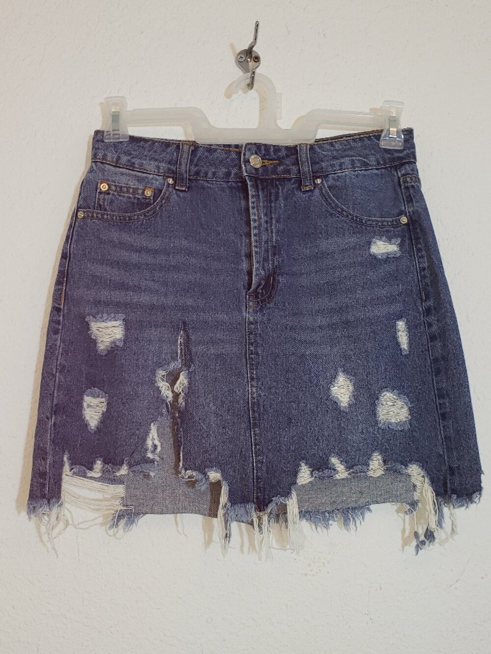 LITZ by UNIQ Denim Skirt Mini S Distressed Ripped Short Zip Front Blue Frayed